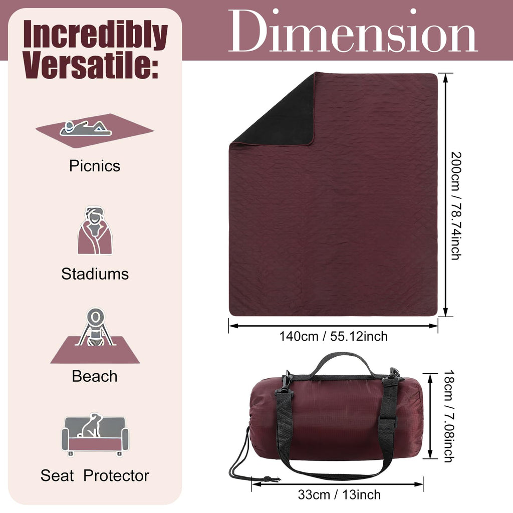 Tranqun 2 Pcs Large Waterproof Outdoor Blanket 78 x 55'' Windproof Blanket Quilted Waterproof Fleece Sandproof Foldable Warm Stadium Blankets for Camping Picnic Sporting Event Cold Weather(Dark Red)