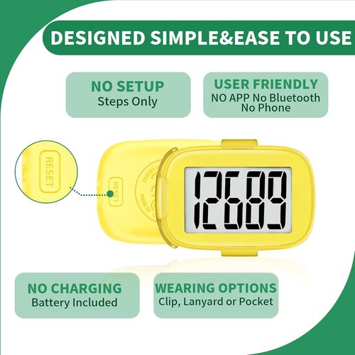 3D Pedometer Step Counter by [Brand Name] - Accurate Fitness Tracker with Clip & Lanyard | Ideal for All Ages - Yellow
