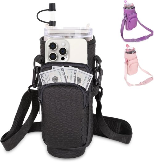 And Per Se Neoprene Water Bottle Carrier Bag - Crossbody Sling for Stanley 40oz Tumbler, Adjustable Strap & Phone Pocket (Black)