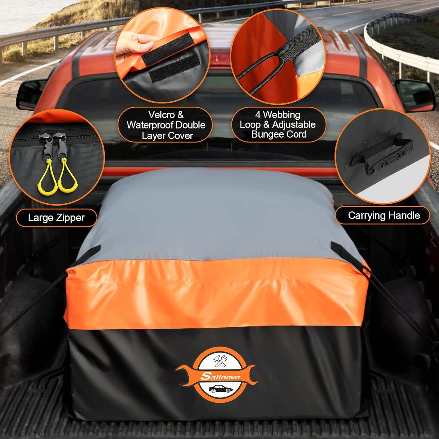 Sailnovo Waterproof Truck Bed Cargo Bag - 26 Cubic Ft Heavy Duty PVC with 6 Stretch Cords | Fits Any Truck Size