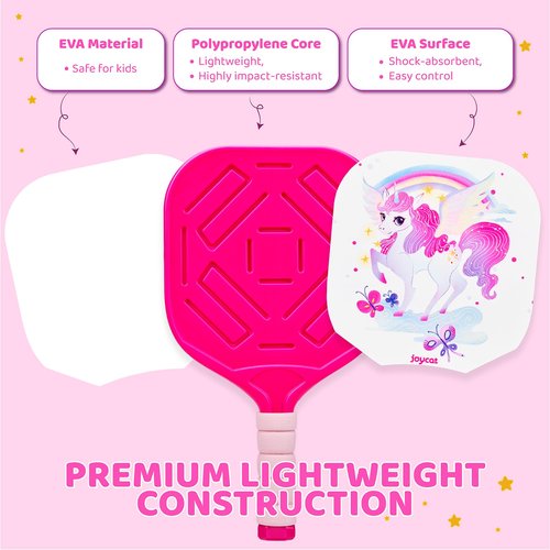 Joycat Kids Pink Pickleball Paddles Set, 2 Cute Pickleball Paddles for Kids with Small Grip,2 Pickleballs, 1 Drawstring Bag,Indoor Outdoor Sport Gifts for Girls(Unicorn)
