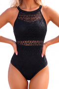 Holipick Black Crochet Tummy Control One Piece Swimsuit Modest Bathing Suit High Neck Full Coverage Swimwear L