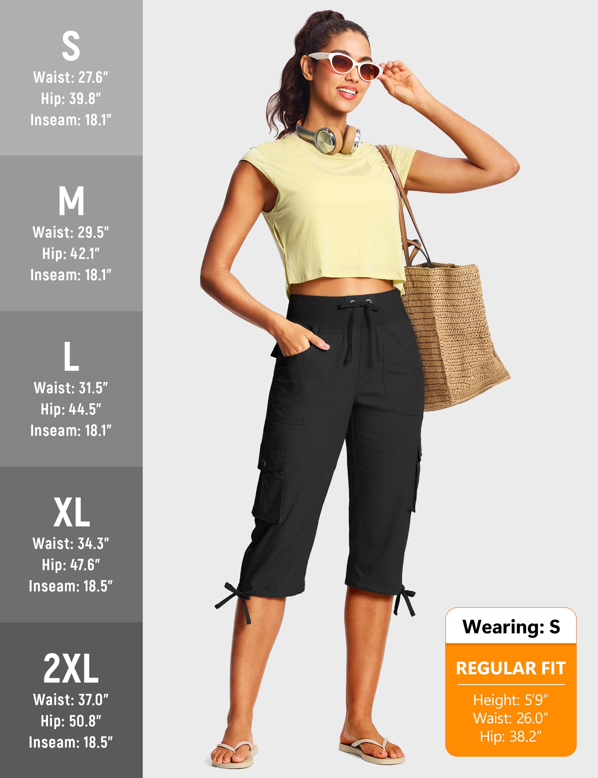 ISEEGZ 18" Capri Pants for Women Cargo Hiking Pants Lightweight Women's Capris with 6 Pockets Summer Casual Travel Black