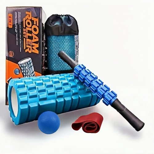 Aucuu Foam Roller Set - 5 in 1 Massage Tools with Yoga Stick, Ball, Strap & Carrying Bag | Blue