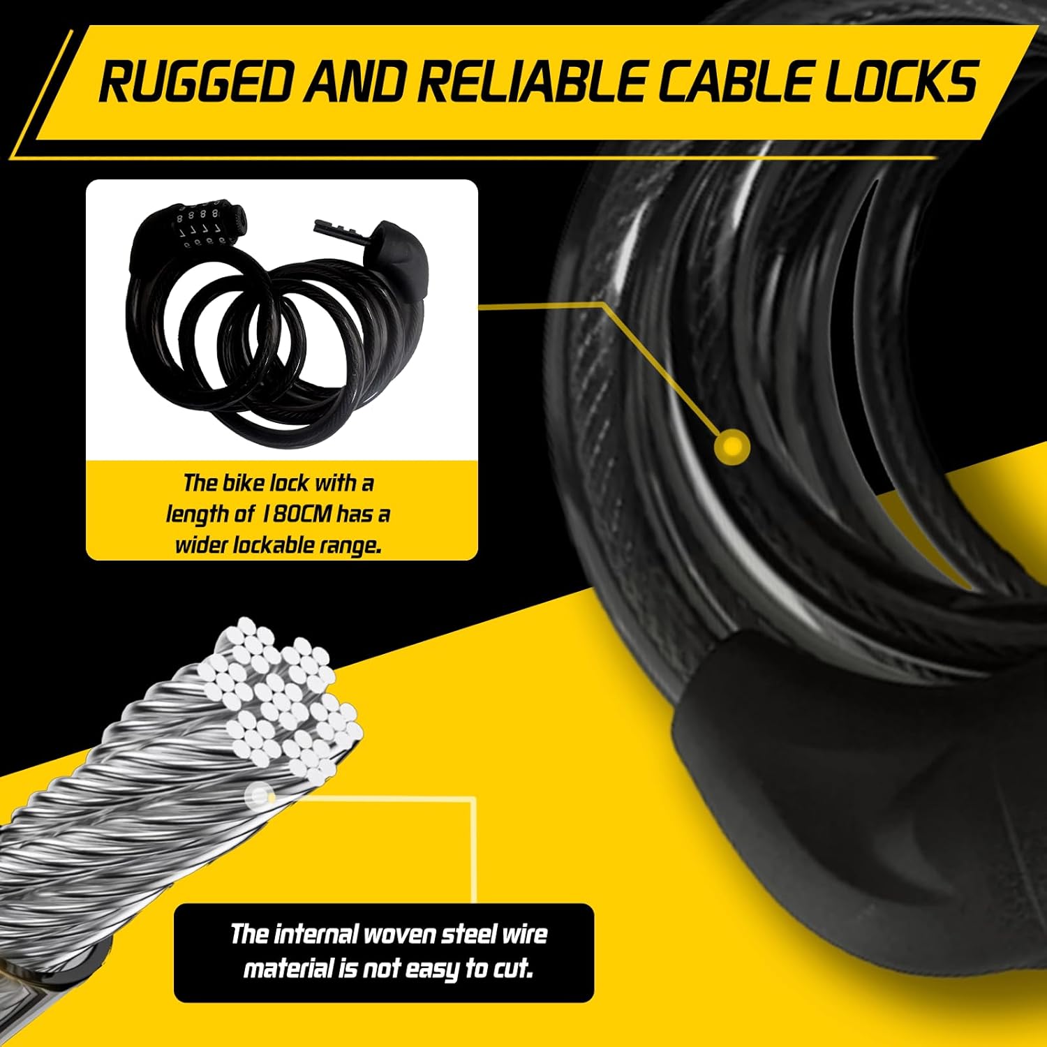 Skiennix Bicycle Cable Lock - 4-Digit Combination Anti-Theft Security | 6-Foot Length, Black