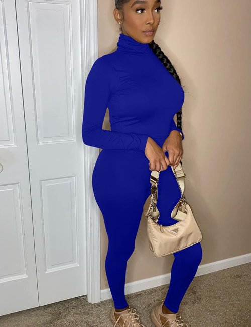 Mokoru Women's Tracksuit 2 Piece Outfits Turtleneck Long Sleeve Shirt Workout Jogger Legging Pants Set, X-Large, Royal Blue