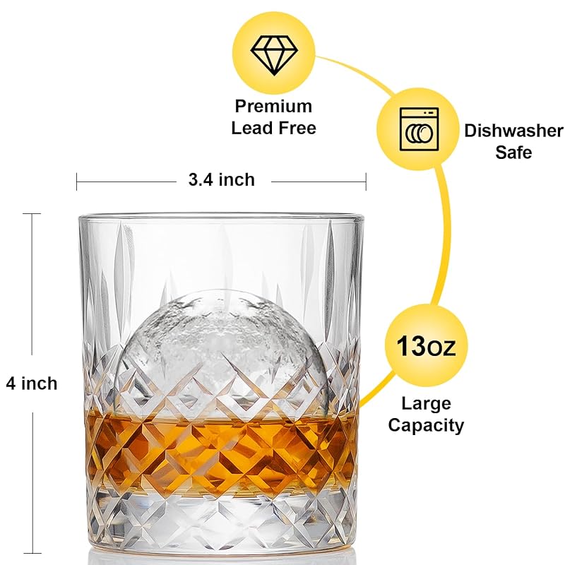 Shoshin Premium Hand-Cut Whiskey Glasses Set of 4 - 13 oz Classic Gift Box