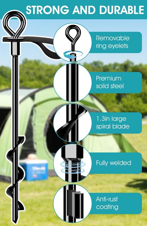 Ground Anchors | 4-Pack Screw-In Stakes with Straps - High Wind Resistant for Trampolines, Tents, and Swing Sets (4x15 in)