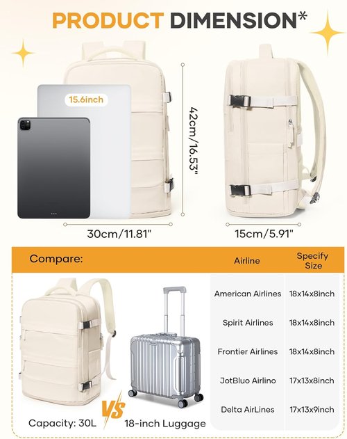 Coofay Beige Travel Backpack - Airline Approved Waterproof Carry-On for Men & Women | Perfect Weekender Bag