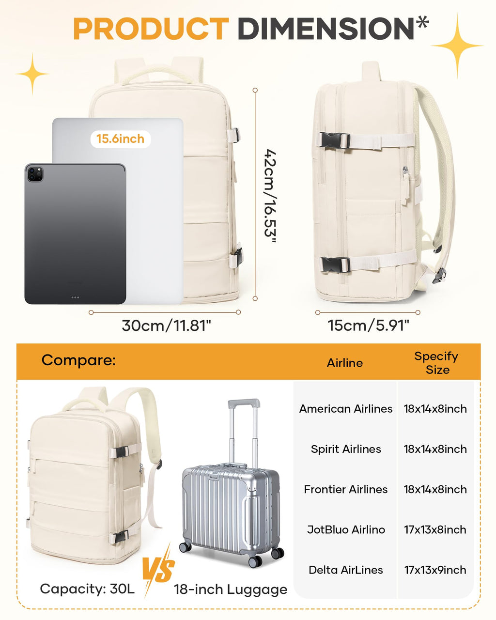 coofay Beige Travel Backpack For Women Men Airline Approved Personal Item Carry On Flight Approved Waterproof Backpack For Traveling On Airplane Weekender Travel Bag