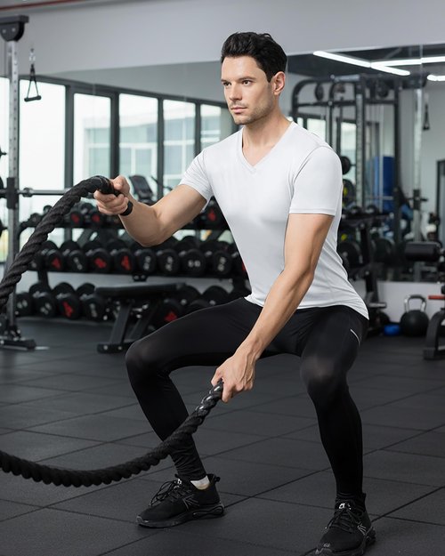 Roadbox Mens Compression Shirt Short Sleeve, V-Neck Gym Running Sports T-Shirt, Cool Dry Athletic Base Layer Undershirts White