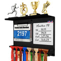 KWYADLUO Running Medal Hanger Display with Trophy Shelf, Race Bib Holder and Whiteboard, 2-Bar Medal Holder for 50+ Medals with Flag Magnets, Marker, Wall Mounted, Black