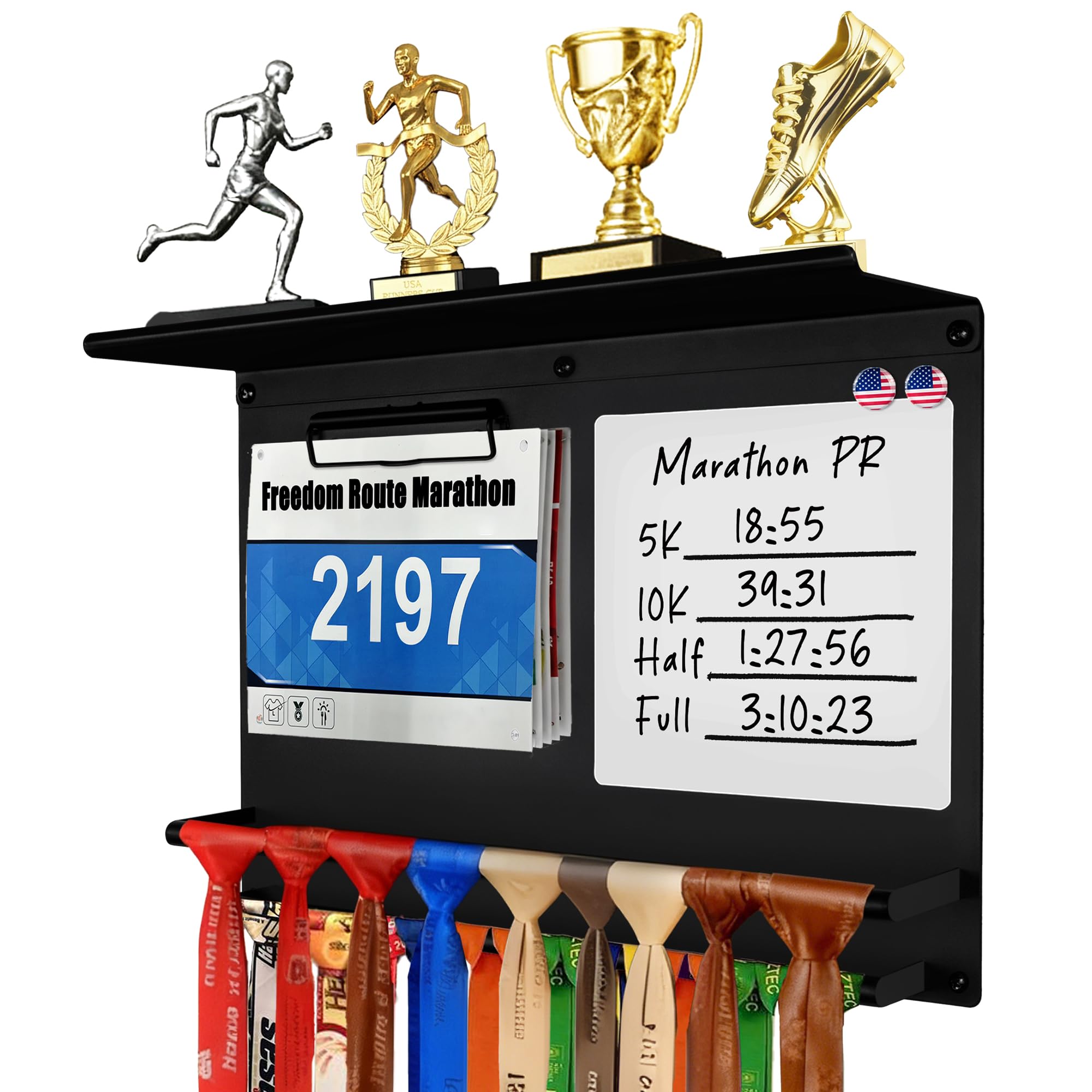 KWYADLUO Running Medal Hanger Display with Trophy Shelf, Race Bib Holder and Whiteboard, 2-Bar Medal Holder for 50+ Medals with Flag Magnets, Marker, Wall Mounted, Black