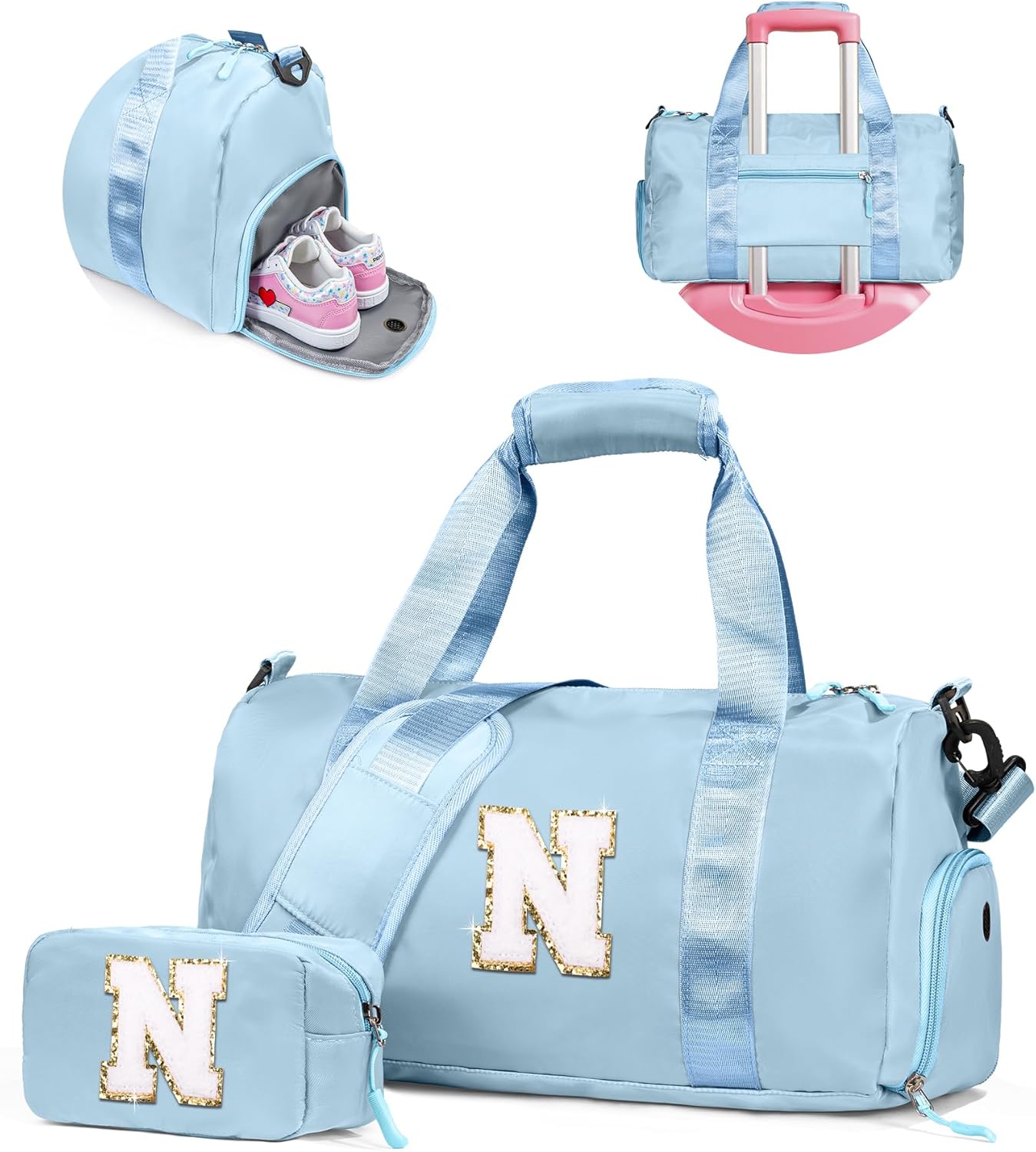 Skiennix Girl Gym Bag - Personalized Weekender Tote with Shoe Compartment & Makeup Pouch | Initial Travel Bag (Letter N)