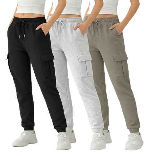 Common Stitch 3 Pack Sweatpants Women, Cargo Womens Sweatpants, Fleece Womens Elastic Cuff Joggers with Pockets (Available in Plus)