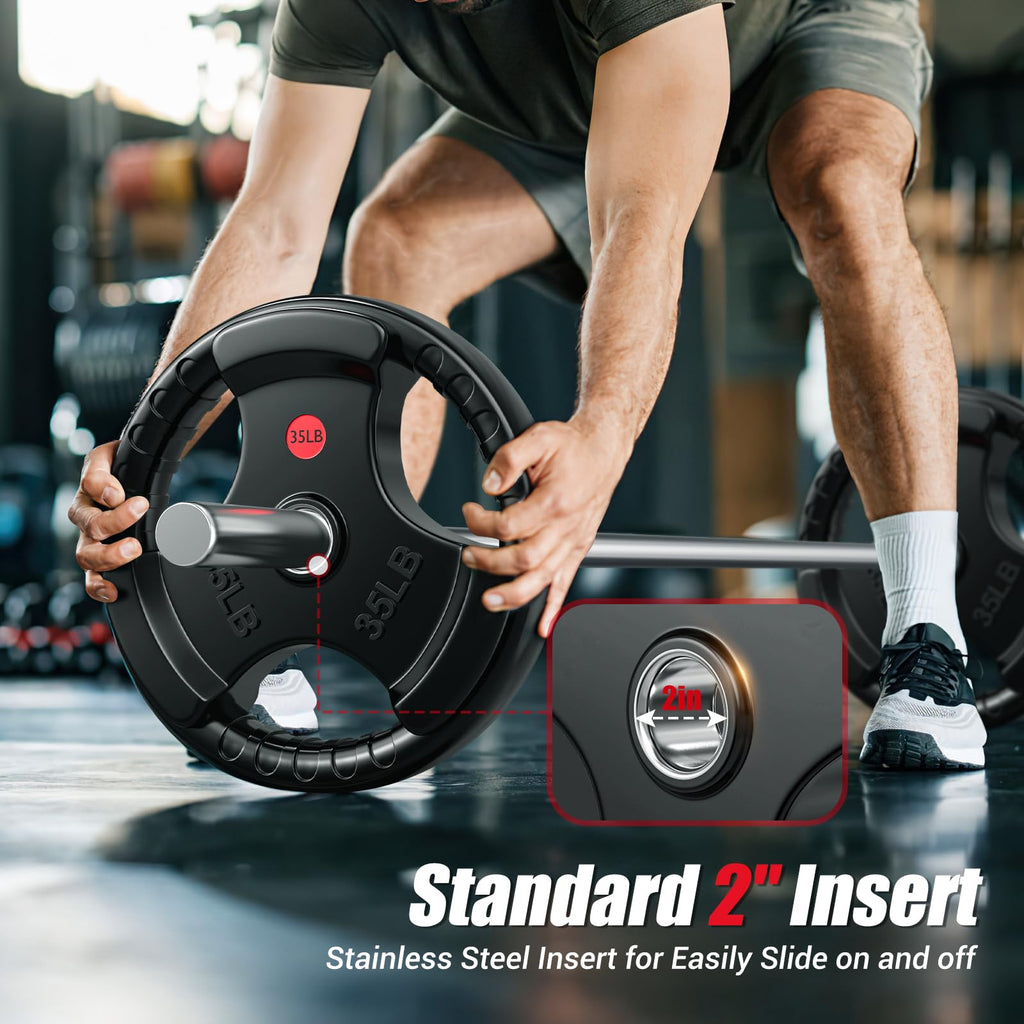 GIKPAL 5LB Olympic Weight Plates Pair, Three-Grip Rubber Coated 2-Inch Plates with Steel Hub for Beginner Strength, Core Work & Home Gym Use