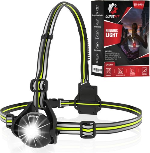 LUMEFIT LED Running Lights - Adjustable Night Safety Chest Light with Yellow Reflective Vest | Rechargeable for Jogging & Dog Walking