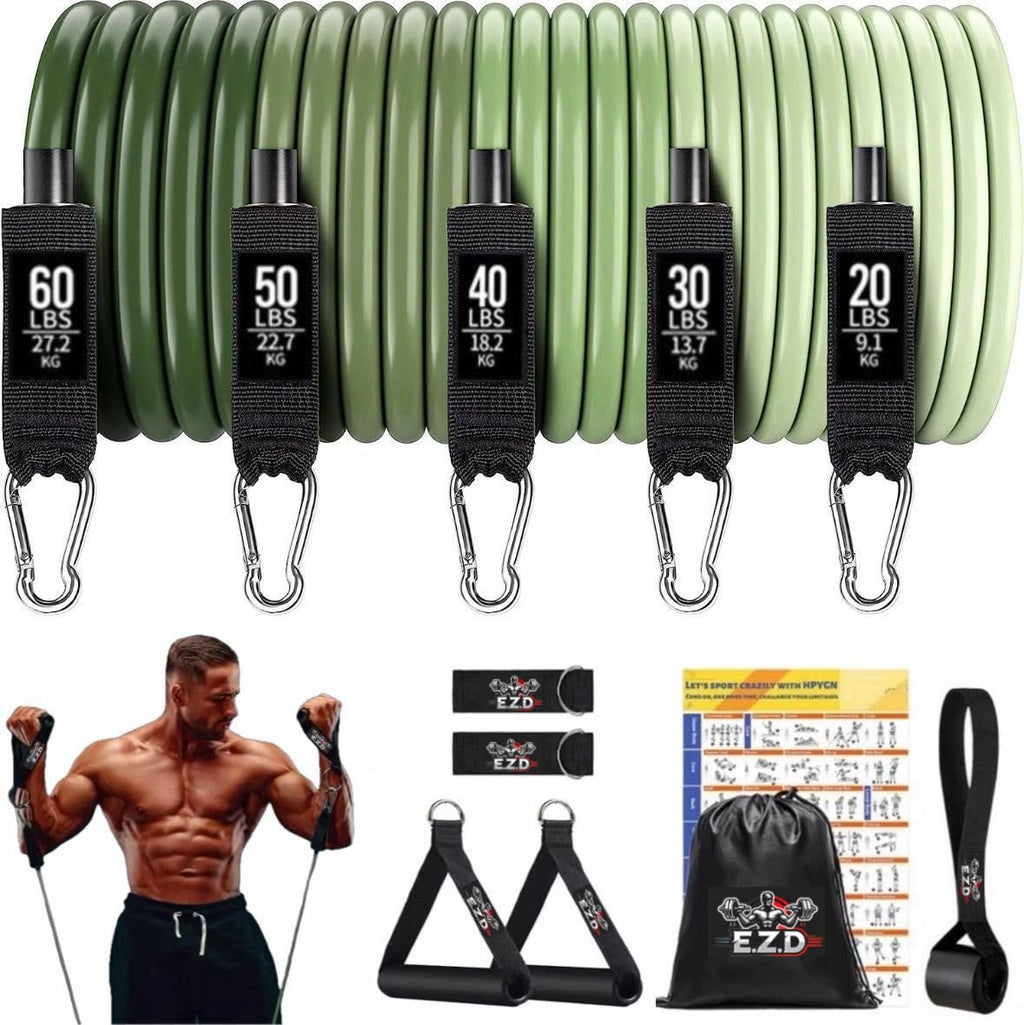 E.Z.D Resistance Bands Set: Exercise Bands with Handles, Door Anchor, Ankle Straps for Heavy Resistance Training, Physical Therapy, Muscle Training, Yoga, and Home Workouts. (Green)