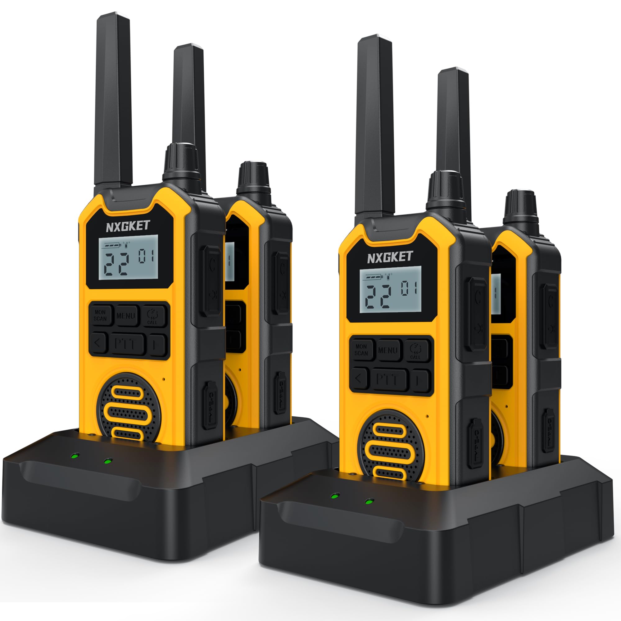 NXGKET Heavy Duty Walkie Talkies Adults, Long Range Two Way Radios, IP67 Waterproof, 2M Drop Proof, NOAA, Rechargeable, Dual PTT, Type C &Dock Charging, Emergency Radio 4 Pack, FCC Certified