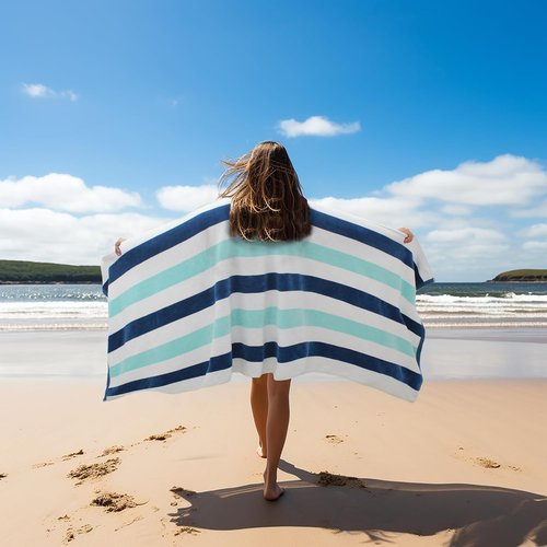 COTTON CRAFT Oversized XL Beach Towel - 100% Cotton Velour, 2 Pack, 39 x 68 Inches - Super Soft Luxury Cabana Stripe Blue