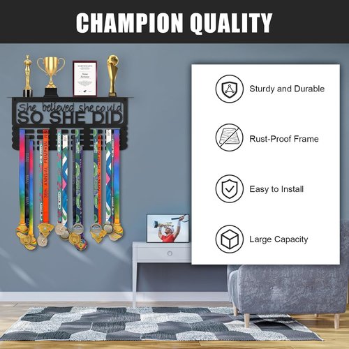 Medal Hanger Display with Trophy Shelf, Upgraded Sports Medal Holder Trophy Display Shelf Ribbon Holder Simple Wall Hanger (SHE BELIEVED SHE COULD SO SHE DID)