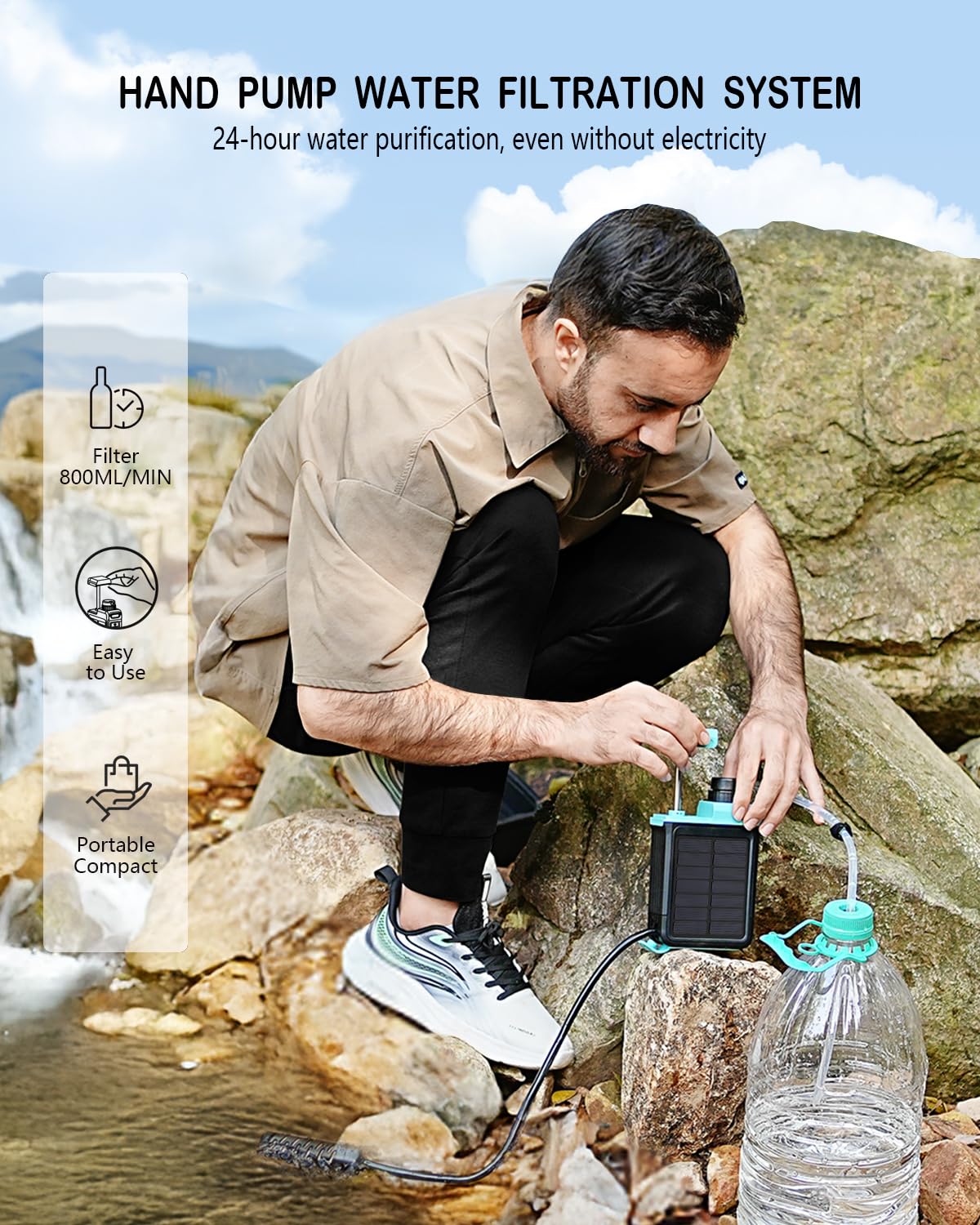 Skiennix 3-in-1 Solar Electric Water Filter - Portable Camping Water Purifier with Hand Pump & Emergency Light