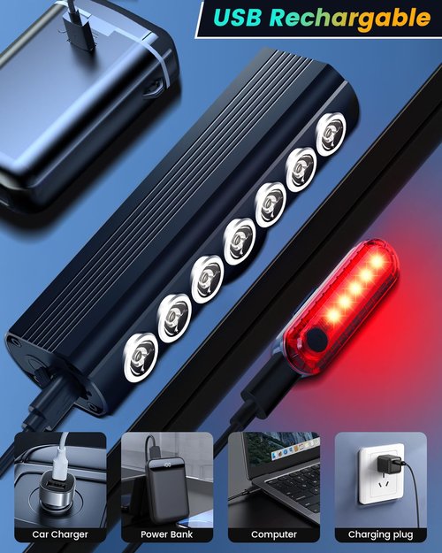 2025 New Super Bright Bike Lights for Night Riding, 7 LED USB Rechargeable Bike Headlight, Bicycle Light Taillight, Waterproof Aluminum Bicycle Headlight for Adult Kid Mountain Road Commuter Cycling
