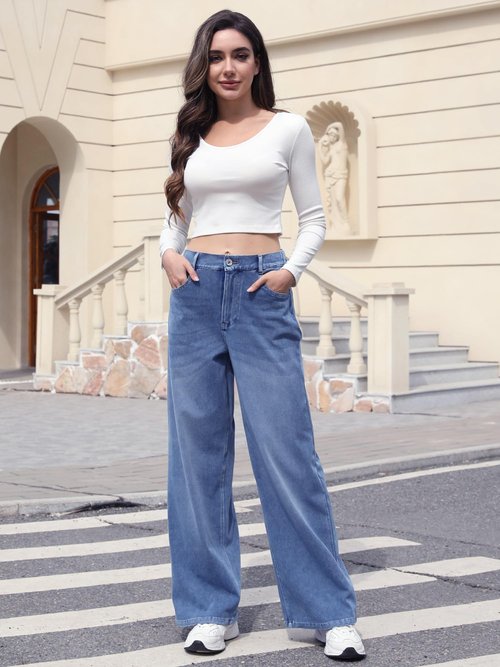 ELLEVEN High Waisted Straight Leg Sweatpant Jeans Woman High Stretchy Pull on Wide Leg Baggy Jeans High Waisted with Elastic Waist Blue Denim Medium