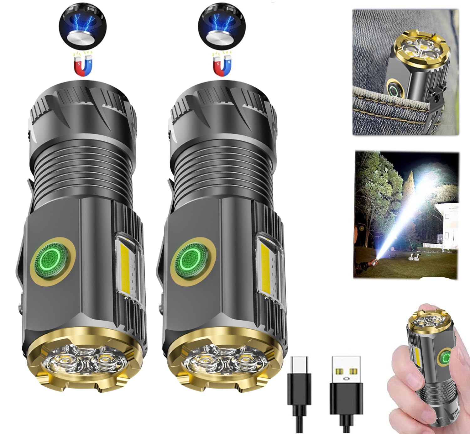 Rechargeable mini LED Flashlight, 9000 lumens Ultra Bright Small Flashlight, with Clip and Magnet, IPX6 Waterproof, 6 Modes, Suitable for Camping, Hiking, and Emergency situations (2-Piece Set)