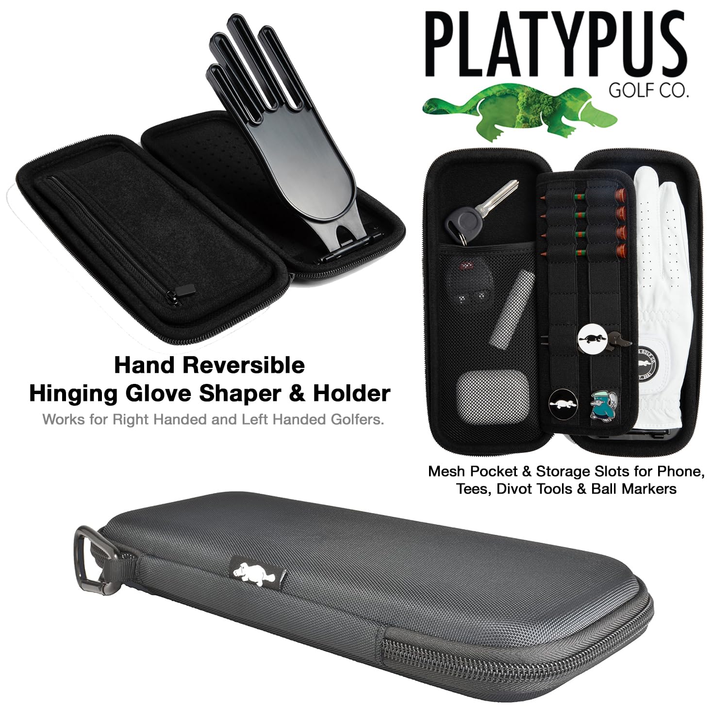 Platypus Golf Co. Golfing Caddie EVA Travel Case Organizer - Hand Reversible Hinging Glove Shaper & Holder, Mesh Pocket & Storage Slots, Golfers Cases for Men & Women