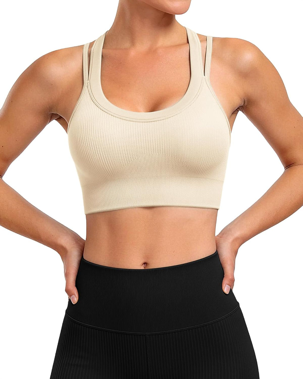 WANAYOU High Support Sports Bras for Women - Ribbed Strappy Criss Cross Back Workout Bra | Padded 3 Pack