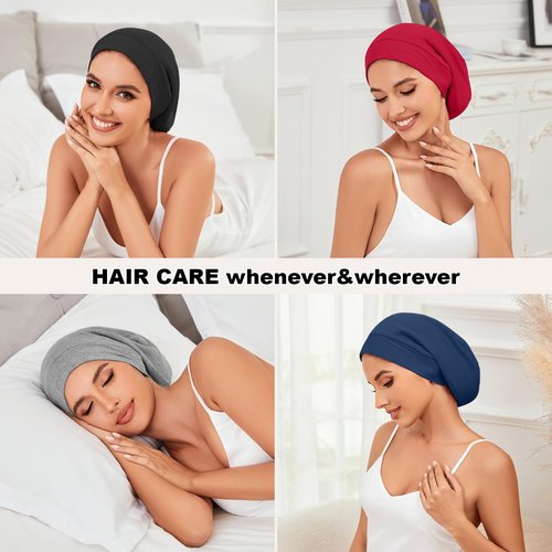 4Pcs Silk Satin Lined Sleep Cap Bonnets for Women Men, Adjustable Satin Bonnet for Sleeping Hair Wrap Slouchy Beanie Hat for Curly Hair and Braids
