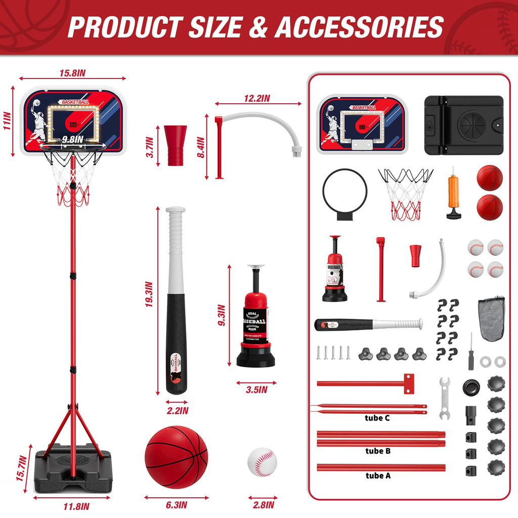 HYES 4 in 1 Kids Basketball Hoop and Tball Set 3-5, Basketball Goal with Scoreboard&LED, Hanging Tee Ball Stand with Baseball Pitching Machine, Indoor Outdoor Sport Toys for Boys 4-8