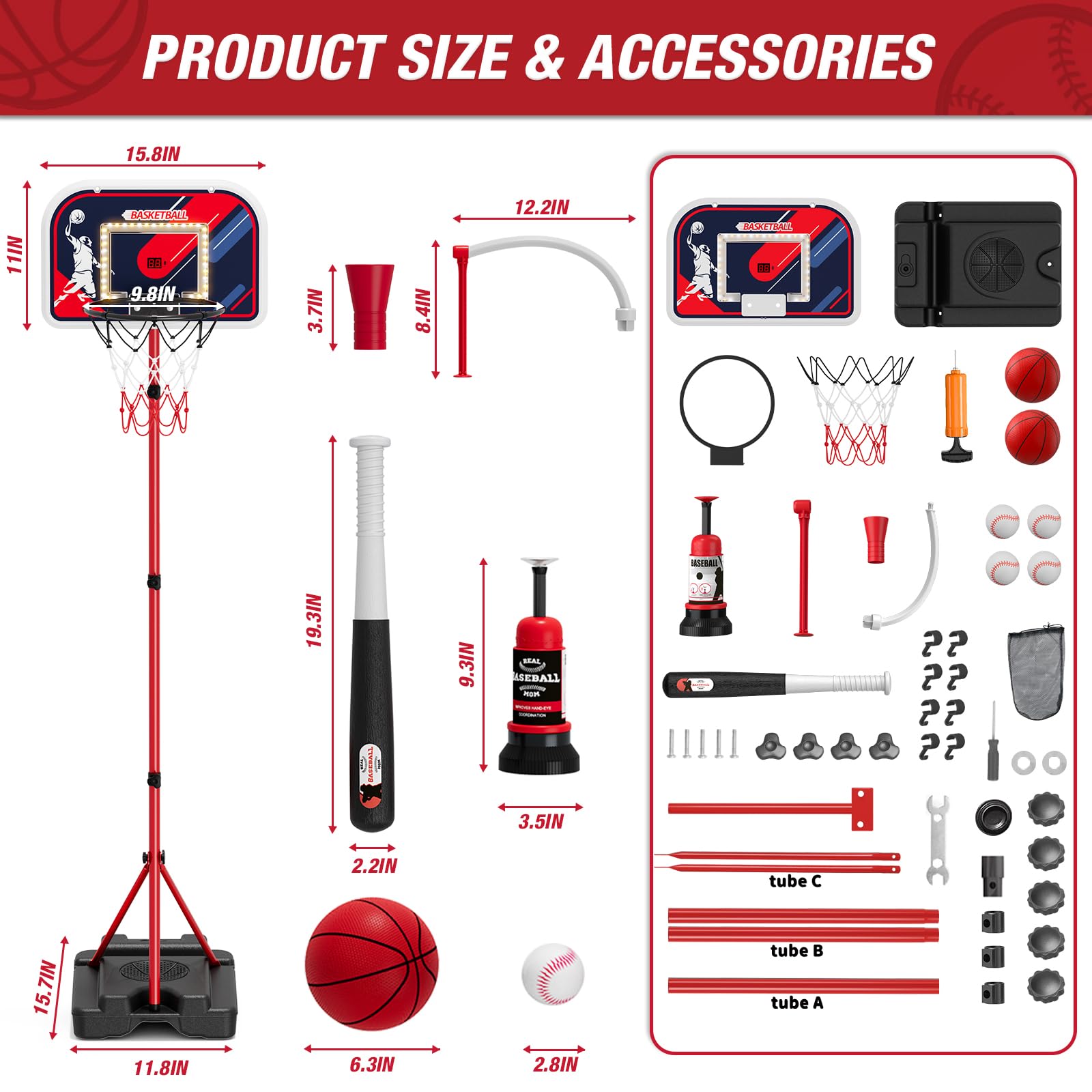 HYES 4 in 1 Kids Basketball Hoop and Tball Set 3-5, Basketball Goal with Scoreboard&LED, Hanging Tee Ball Stand with Baseball Pitching Machine, Indoor Outdoor Sport Toys for Boys 4-8