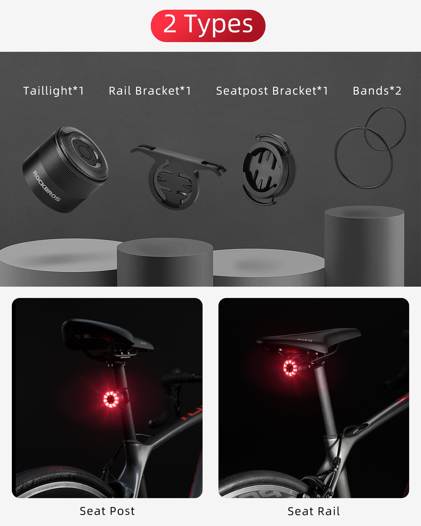 ROCKBROS Bike Tail Light, Rear Bike Light, 5 Modes, Type-C Rechargeable, 1oz Lightweight, IPX5, Aluminum Alloy Bike Taillight for Night Riding