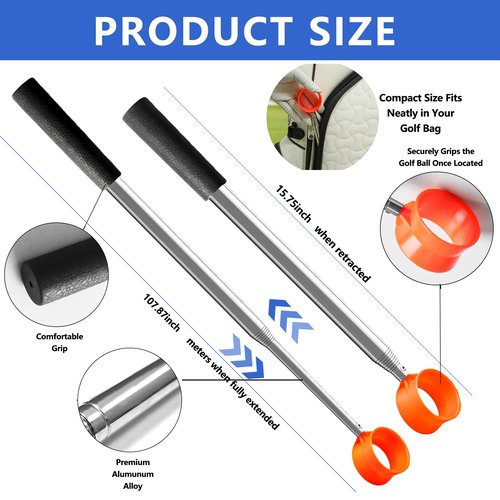 9Ft/12Ft/17Ft/20Ft Golf Ball Retriever Telescopic for Water with Non-Slip Rubber Grip, Professional Stainless, Light Weight Double Sided Golf Ball Picker Upper, Mens and Womens Golf Accessories Gifts