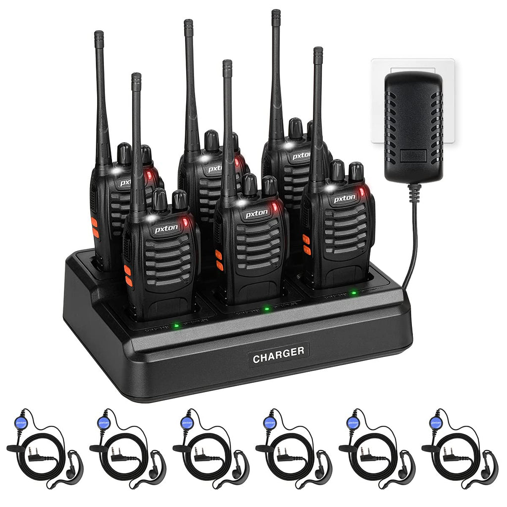 pxton walkie talkies for Adults Long Range with Upgraded Earpiece,radios walkie talkies Rechargeable Portable Two Way Radios with 6 Way Multi Gang Charger and Li-ion Battery (6 Pack)