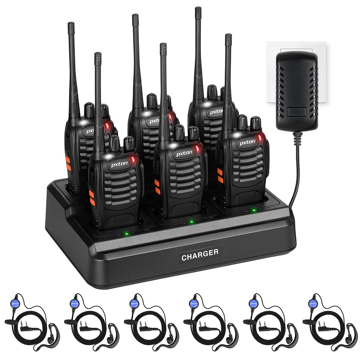 pxton walkie talkies for Adults Long Range with Upgraded Earpiece,radios walkie talkies Rechargeable Portable Two Way Radios with 6 Way Multi Gang Charger and Li-ion Battery (6 Pack)