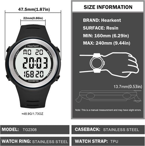 Hearkent Waterproof Pedometer Watch - Digital Step Counter with Light & Alarm | Fitness Tracker for Men & Women