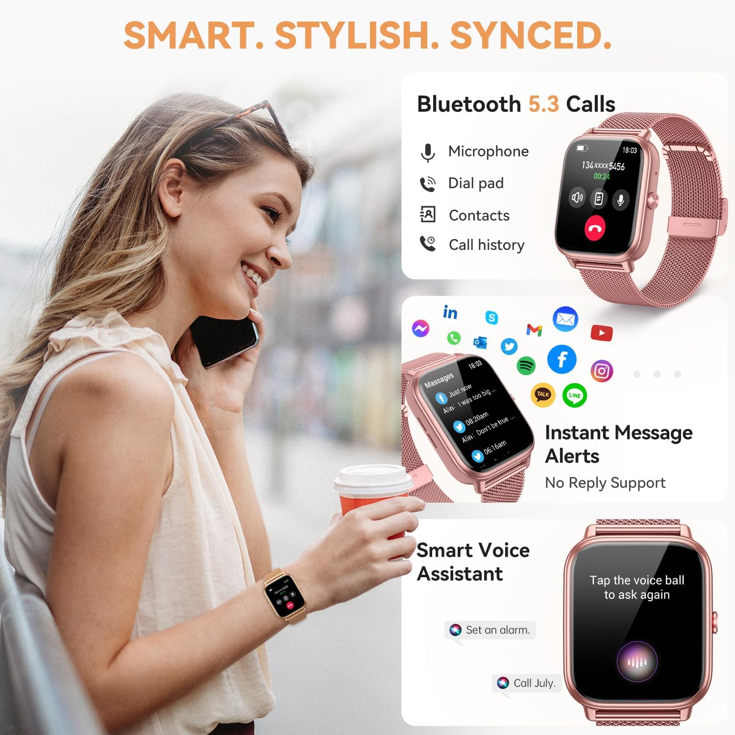 Skiennix Smart Watch | 1000mAh Battery, Call Function & Fitness Tracker | Pink, 3 Straps, iOS/Android Compatible