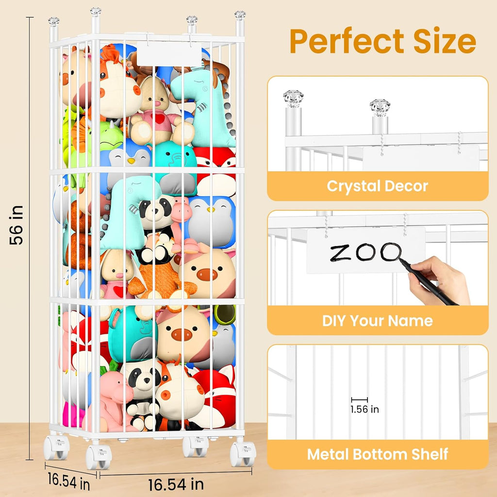 TomCare Extra Large Stuffed Animal Storage - Space-Saving Organizer with 4 Lockable Wheels for Playroom & Bedroom