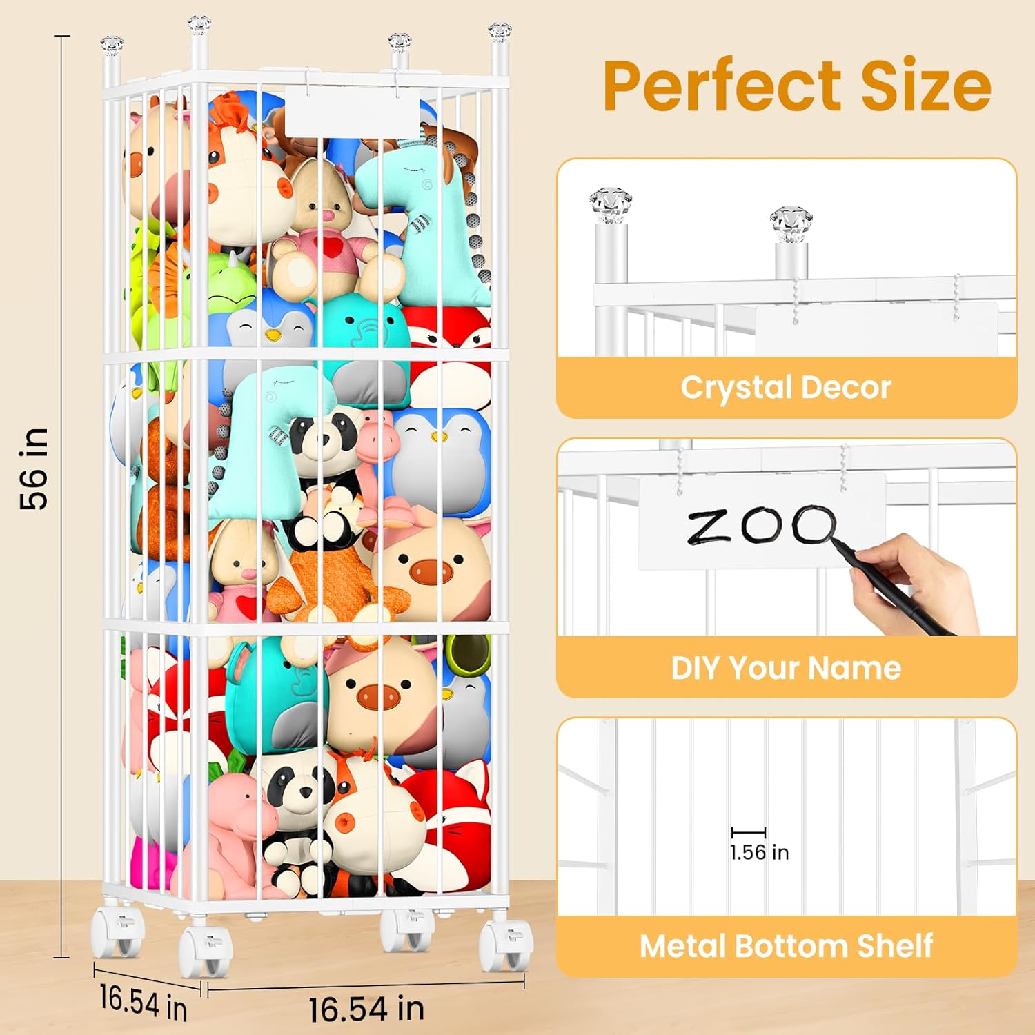 TomCare Extra Large Stuffed Animal Storage - Space-Saving Organizer with 4 Lockable Wheels for Playroom & Bedroom