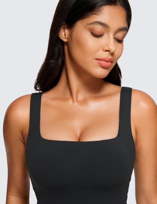 CRZ YOGA Butterluxe Square Neck Crop Tank Top - Padded Longline Sports Bra for Women