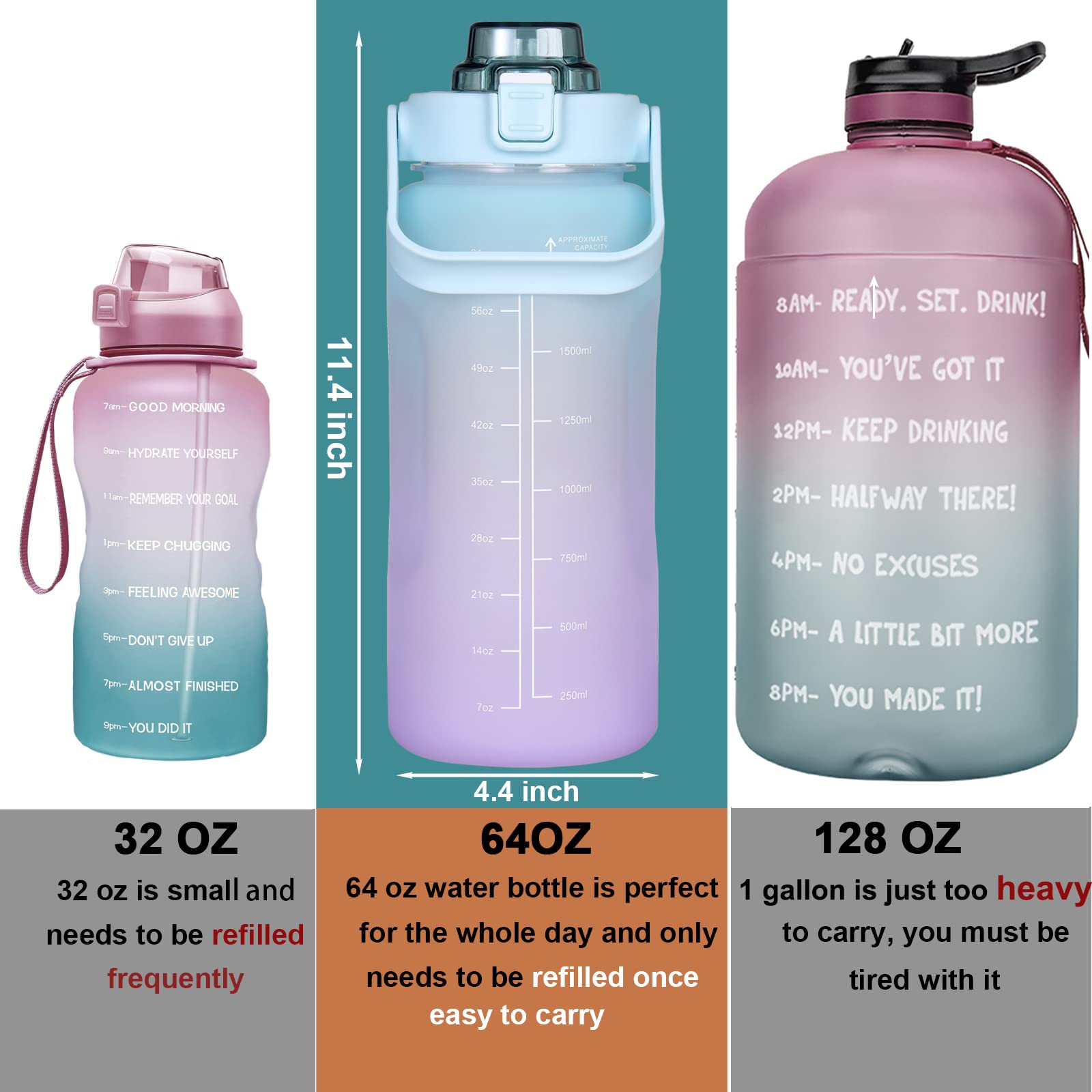 RYI Large Half Gallon 64 OZ Motivational Water Bottle with Straw Time Marker BPA Free for Sport and Fitness Blue Purple