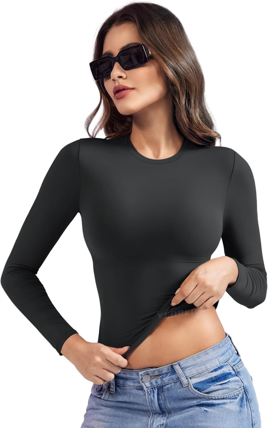 YEOREO Long Sleeve Women's Shirt - Y2K Basic Tee with Double Lining & Crew Neck | Perfect for Workouts