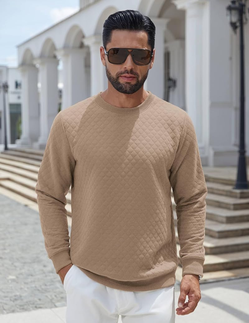 COOFANDY Khaki Large Men's Crewneck Sweatshirt – Long Sleeve Knit Pullover