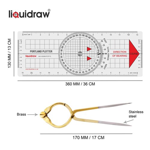 Liquidraw Portland Course Plotter with Marine Protractor & 8" Single-Handed Brass Divider | Nautical Navigation Tool Set for Chart Plotting, Measuring, Sailing | Clear Acrylic Ruler with Bold Markings