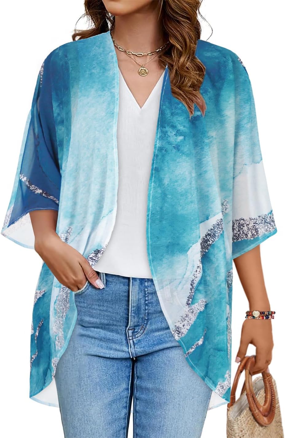 Skiennix Women's Floral Print Kimono Cardigan - Stylish Puff Sleeve Casual Cover-Up Top