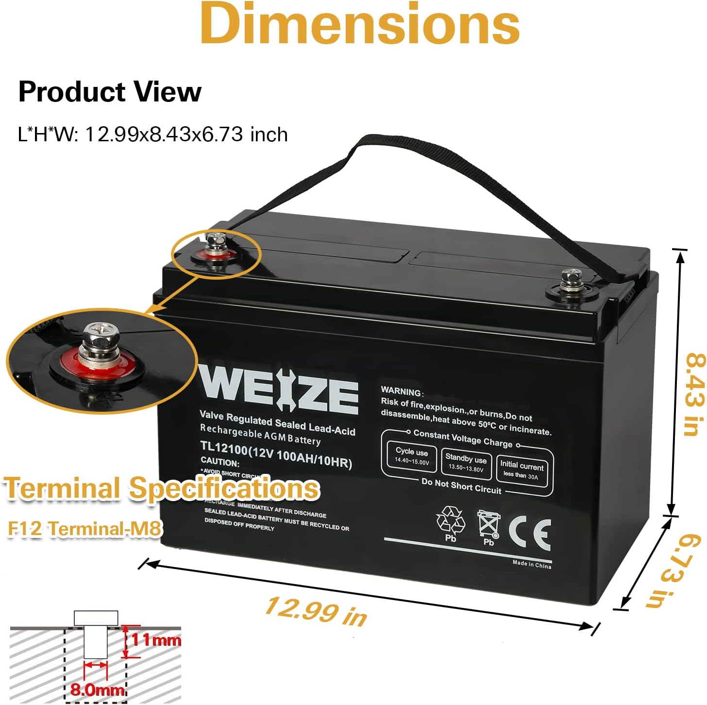 Weize Deep Cycle AGM Battery - 12 Volt 100Ah | Maintenance-Free, 1150A Max Discharge for RV & Solar