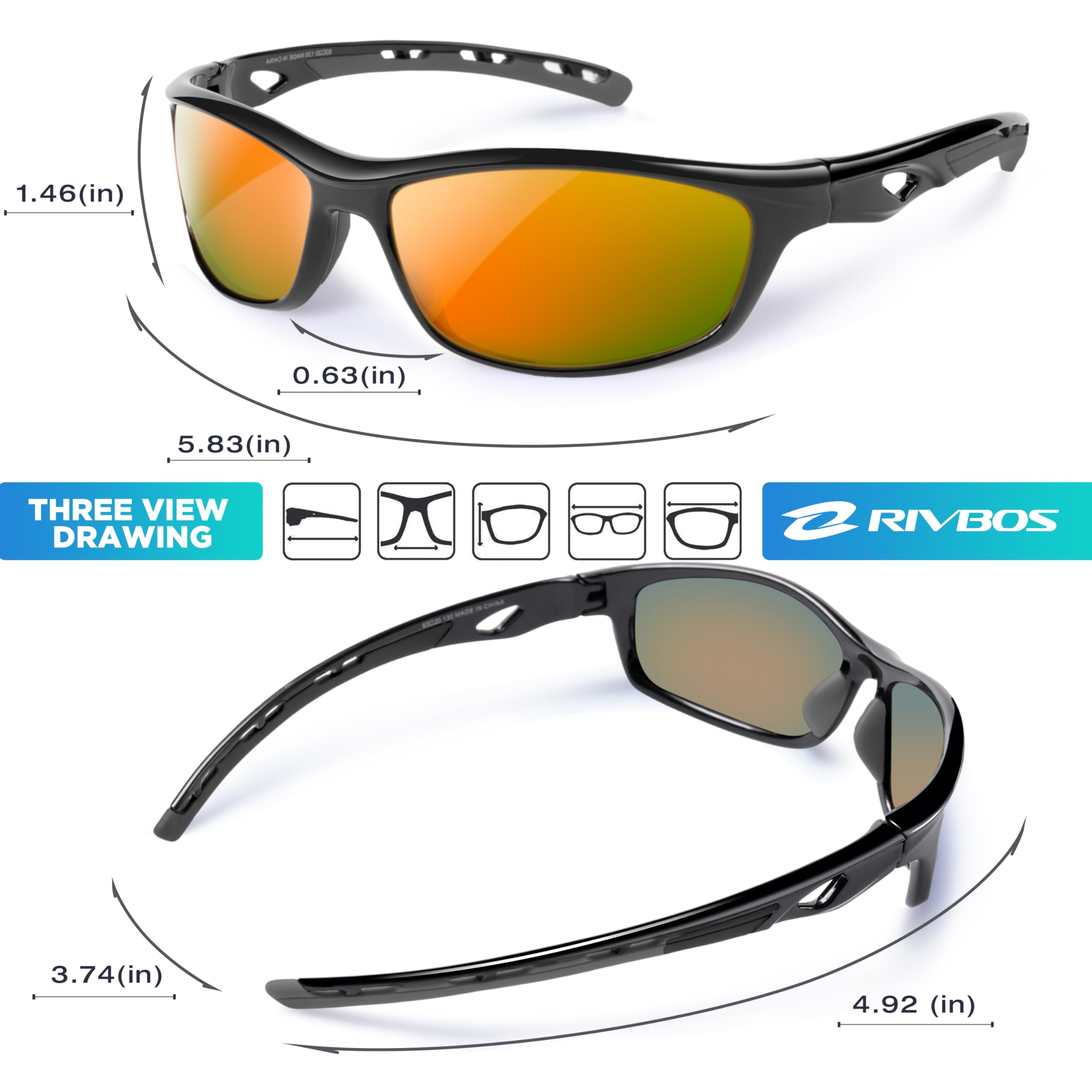 RIVBOS Polarized Sports Sunglasses Driving Sun Glasses Shades for Men Women Cycling Baseball Running RB833-black Rainbow Lens